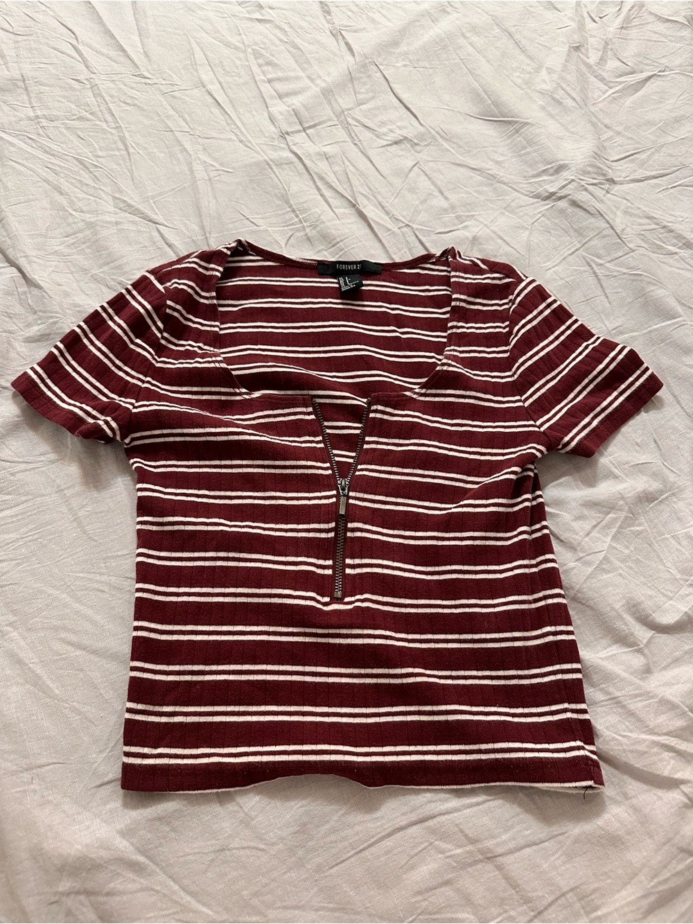 Forever 21 Burgundy and White Striped Zip-Front Crop Top